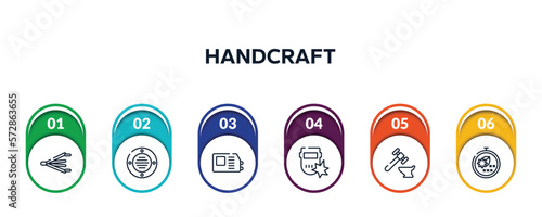 handcraft outline icons with infographic template. thin line icons such as bellows, extractor, welding hine, weld, blacksmith, cross stitch vector.