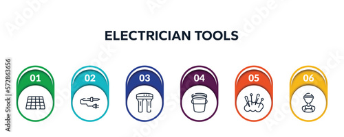 electrician tools outline icons with infographic template. thin line icons such as tiles, soldering iron, water filter, water bucket, cushion, electrician service vector.