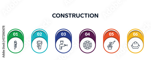 construction outline icons with infographic template. thin line icons such as hand tool, multimeter, spray paint gun, applique, crucible, head protection vector.