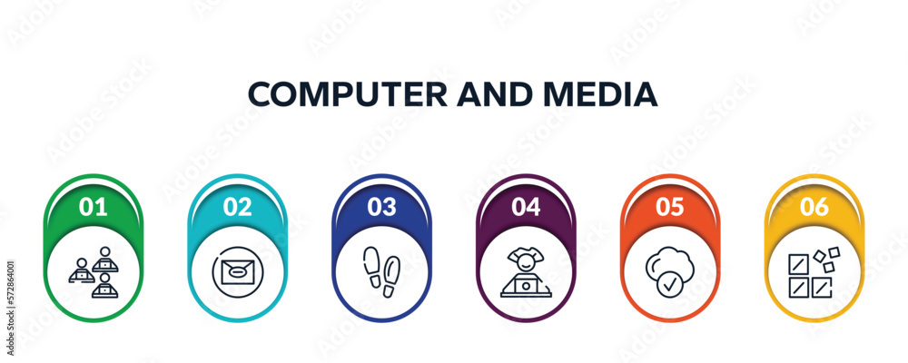 computer and media outline icons with infographic template. thin line icons such as computer workers team, mail, footsteps, computer worker, connected clouds, registry vector. computer and media outline icons with infographic template. thin line icons such as computer workers team, mail, footsteps, computer worker, connected clouds, registry vector.