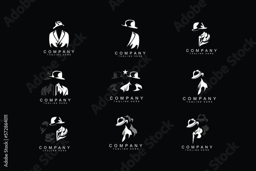 Detective Man Logo Design, Mafia Detective Fashion Tuxedo And Hat Illustration Vector, BlackMan Businesman Icon