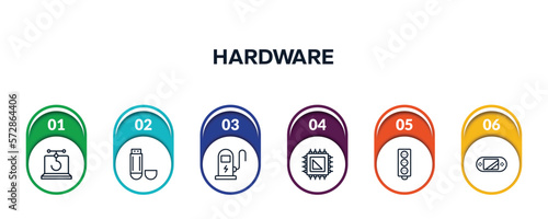 hardware outline icons with infographic template. thin line icons such as phishing, usb flash drive, electric station, processor, circuit board, handheld console vector.