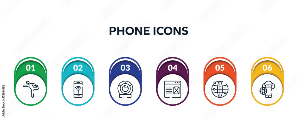 phone icons outline icons with infographic template. thin line icons such as stretching, smartphone with wireless internet, web camera, landing page, worlwide transmission, cellphone internet phone icons outline icons with infographic template. thin line icons such as stretching, smartphone with wireless internet, web camera, landing page, worlwide transmission, cellphone internet