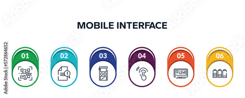 mobile interface outline icons with infographic template. thin line icons such as qr scan, complaint, audio recorder, hear, live sports, battery level vector.