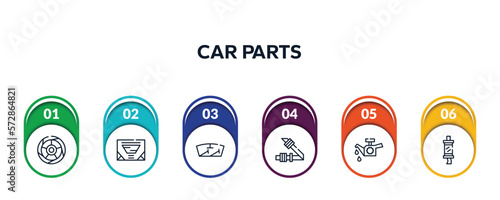 car parts outline icons with infographic template. thin line icons such as car tyre, car sunroof or sunshine roof, windscreen, seat belt or safety belt, oil pump, silencer vector.