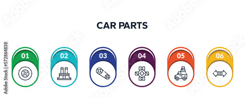 car parts outline icons with infographic template. thin line icons such as car clutch, car distributor cap, camshaft, universal joint, luggage rack, indicator vector.