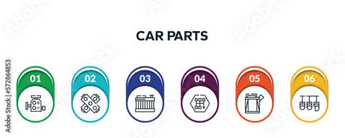 car parts outline icons with infographic template. thin line icons such as car carburettor, car gasket, radiator, gearbox, petrol tank, pedal vector.