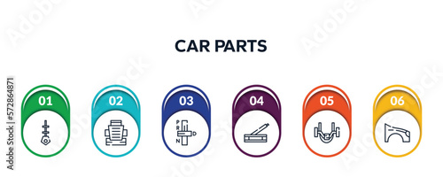 car parts outline icons with infographic template. thin line icons such as car dipstick, car bucket seat, transmission, handbrake, anti-roll bar, fender (us, canadian) vector.