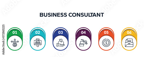 business consultant outline icons with infographic template. thin line icons such as pathway, online payment, wage, bankrupt, dollar coin, files and folders vector.