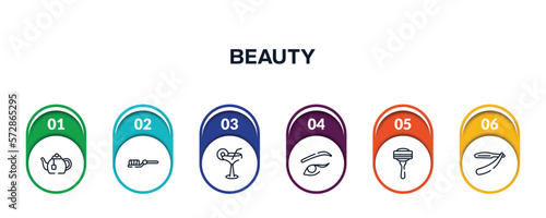 beauty outline icons with infographic template. thin line icons such as tea pot, teeth brush, martini glass with straw, two eyeliners, disposable razor, barber knife vector.