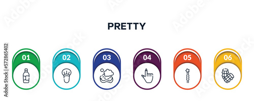 pretty outline icons with infographic template. thin line icons such as inclined bottle, blush brush, bath sponge, finger with nail, two hairpins, hair rollers vector.