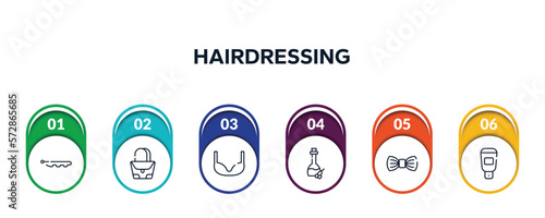 hairdressing outline icons with infographic template. thin line icons such as hair pins, purse, bra, olive oil, elegante, hair softener vector.
