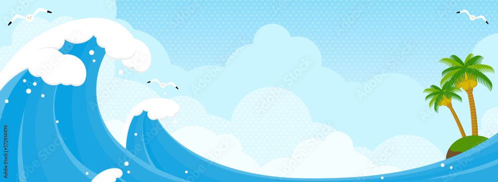 Fototapeta premium 大波と南の島、カモメ、青空の風景（バナー向け横長）