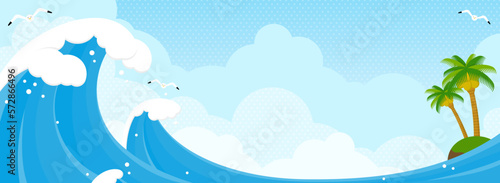 大波と南の島、カモメ、青空の風景（バナー向け横長）