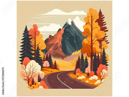 Landscape of mountain empty road in autumn with pines, bushes, orange grass Flat colorful vector illustration