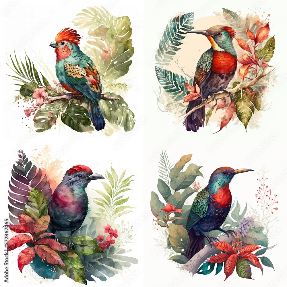 Exotic Beauty Bird on the Tropical Leaves with Red Flowers, Watercolor Portrait of an Exotic Bird on Tropical Leaves