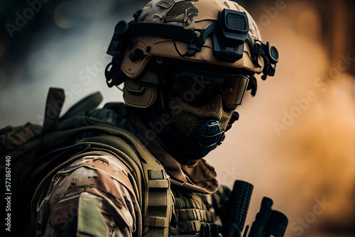  Portrait of a soldier wearing full combat gear and face mask Generative AI