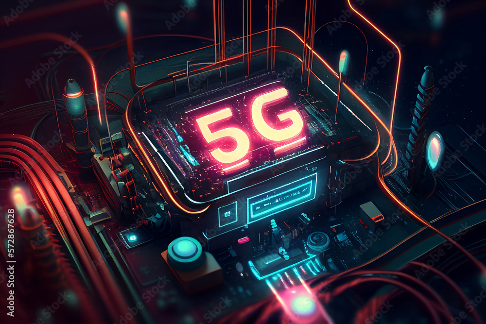 5G technology connects the entire city. Future Technology Display Design. 5g Internet Connection Speed Sign Over Futuristic. Generative AI.