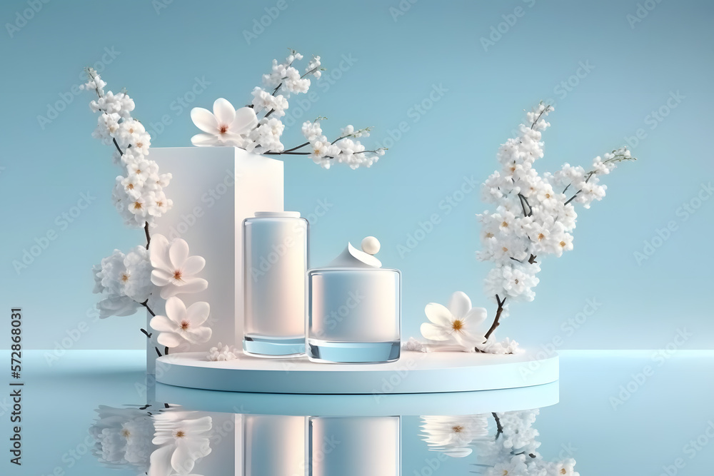 White product display podium with water reflection and blossom flowers on blue background. 3D rendering made with Generative AI White product display podium with water reflection and blossom flowers on blue background. 3D rendering made with Generative AI