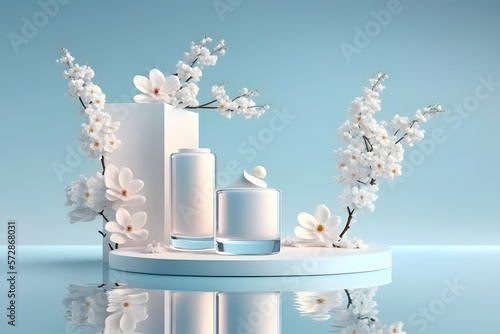 White product display podium with water reflection and blossom flowers on blue background. 3D rendering made with Generative AI © yuniazizah
