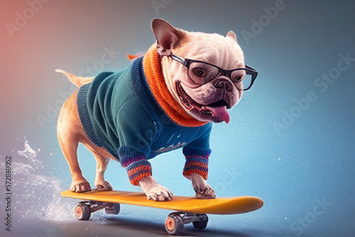 Tableau sur toile Dog weather goodie and skate on board at gradient background
