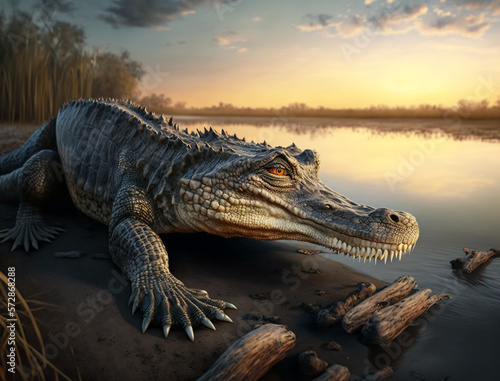 Horror alligator ready to hunt enjoys nature, bright sky, day hunt, Safe Atmosphere, HQ landscape, photorealistic, ultra photoreal, ultra-detailed, cinematic lighting, blur, 4K, Animal Wallpaper, AI