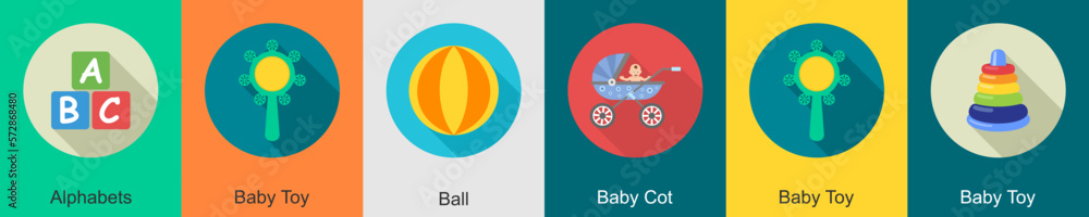 A set of 6 Baby icons as baby toy, baby playing, balloons A set of 6 Baby icons as baby toy, baby playing, balloons