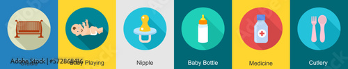 A set of 6 Baby icons as cradle, baby playing, nipple