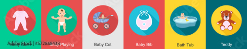 A set of 6 Baby icons as baby cloth, baby playing, baby cot