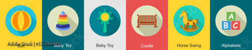 A set of 6 Baby icons as ball, baby toy, cradle