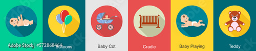 A set of 6 Baby icons as baby playing, balloons, baby cot