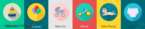 A set of 6 Baby icons as baby toy, balloons, baby cot
