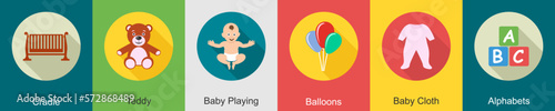 A set of 6 Baby icons as cradle, teddy, baby playing