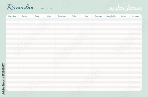 Ramadan Kareem shedule of prayer time. Vector calendar Planner on Ramadan