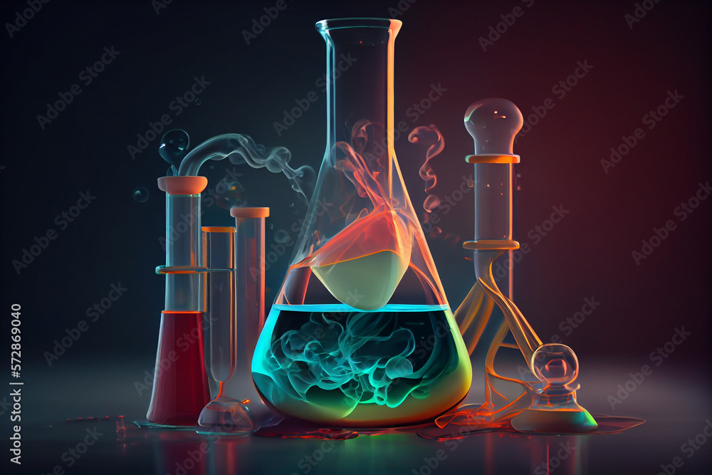 Beaker chemical flasks with colored medical liquids and colorful smoke ...