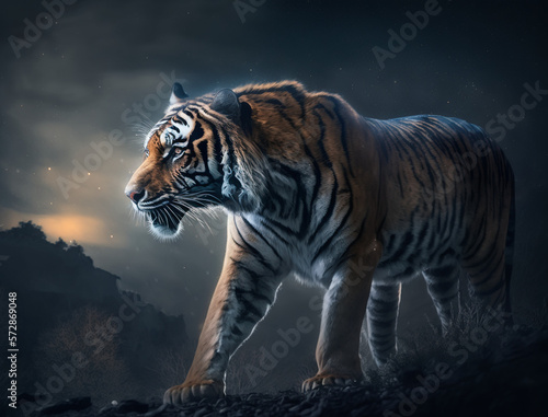 Bengal tiger in the mid-night enjoys nature , black sky, night hunt, Safe Atmosphere, HQ landscape, photorealistic, ultra photoreal, ultra-detailed, cinematic lighting, blur, 4K, Animal Wallpaper, AI © aqib
