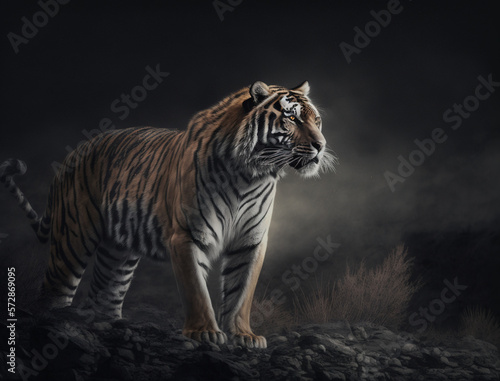 Bengal tiger in the night  enjoy nature  black sky  night hunt  Safe Atmosphere  HQ landscape  photorealistic  ultra photoreal   ultra detailed cinematic lighting  blur  4K  Animal Wallpaper  AI
