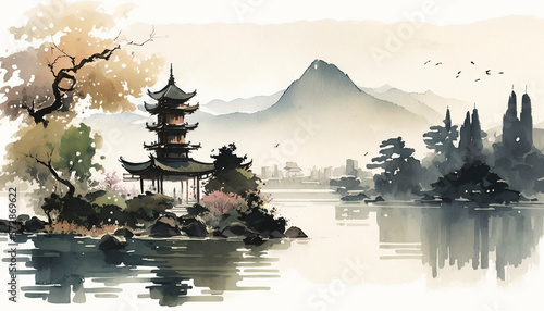 landscape and natural scenery in watercolor style. AI technology generated image   