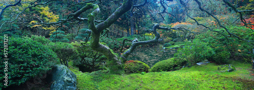 The tranquil Japanese Garden located in the west hills of the city of Portland, Oregon.