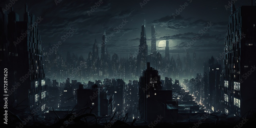 nighttime cityscape with iconic skyline of a major city completely dark except for few lights in windows, concept of Urban Darkness and Cityscape Illumination, created with Generative AI technology nighttime cityscape with iconic skyline of a major city completely dark except for few lights in windows, concept of Urban Darkness and Cityscape Illumination, created with Generative AI technology