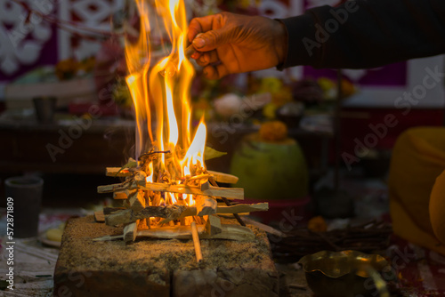 Fotografie Hindu pooja ritual yagya or yajna, which is fire ceremony performed during marriage, puja and other religious occasions as per vedic traditions of sacrifice