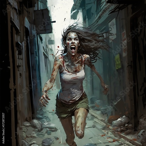 Zombie female running in alley created with AI photo