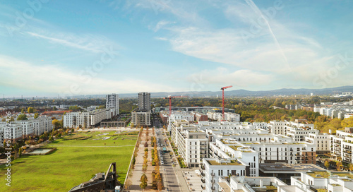 Aerial view of residential buildings in the new district Europaviertel in Frankfurt, Germany