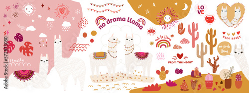 Collection of decorative design elements in trendy doodle style of llama, cactus, plants, symbols. Hand-drawn modern illustration.