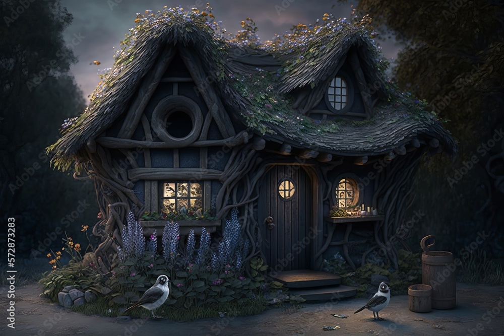 Magical fairy tale hut with birds on the roof