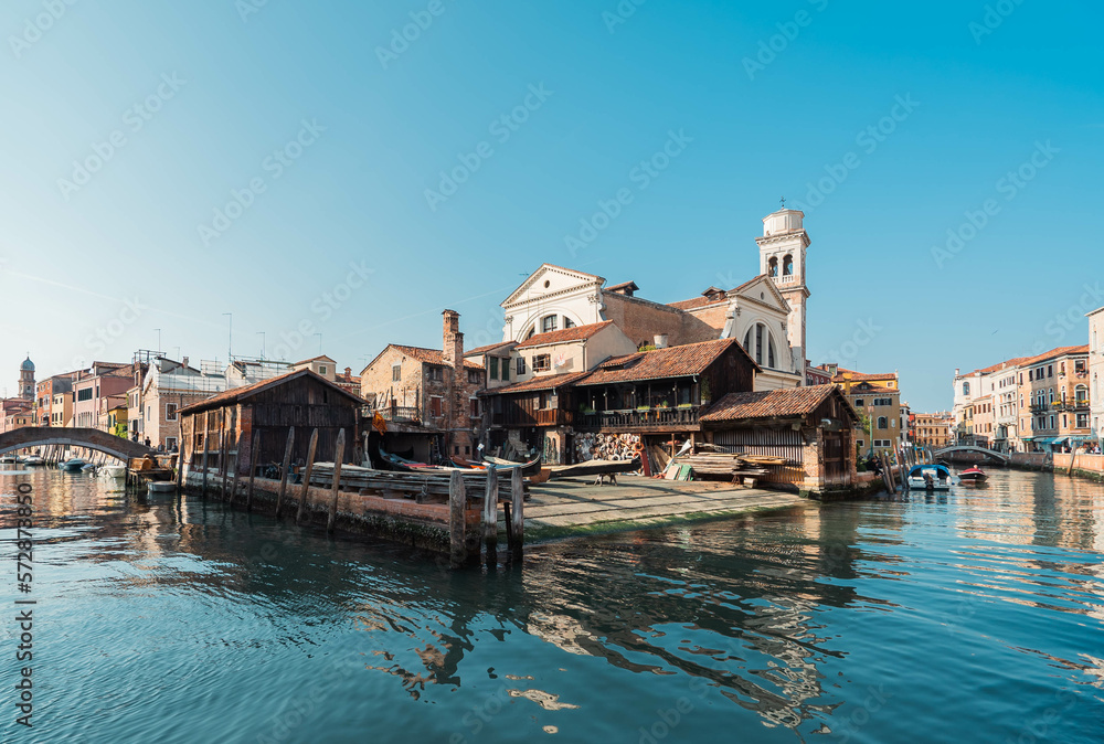 Squero di San Trovaso, Landmark 17th-century boatyard building traditional wooden gondolas in Venice, Italy 