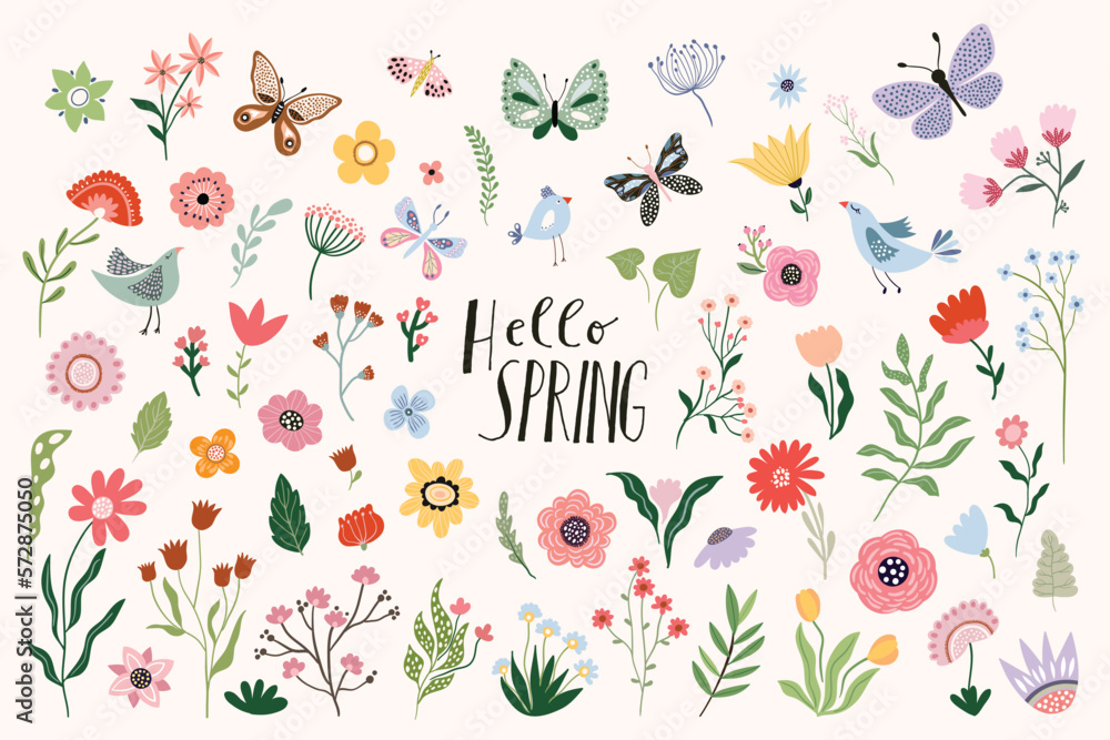 Hello Spring big collection with a variety of plants, flowers in bloom, butterflies, leaves and birds, seasonal design  - obrazy, fototapety, plakaty 