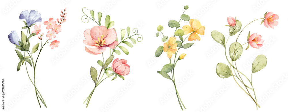 Flowers and leaves digital illustration, spring design, watercolor hand painting. Perfectly for printing, sublimation. - obrazy, fototapety, plakaty 