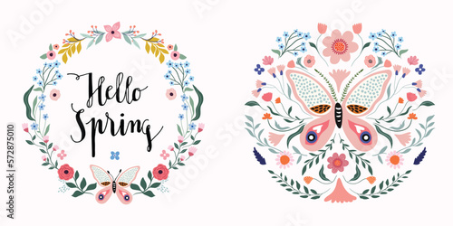 Hello Spring butterfly set with greeting cards for different celebration, floral wreath, seasonal elements, flowers and plants, vector design