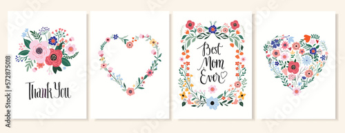 Mother's day collection including greeting cards, posters, flyers with floral frame, wreath, hearts, different flowers and plants, hand lettering message 